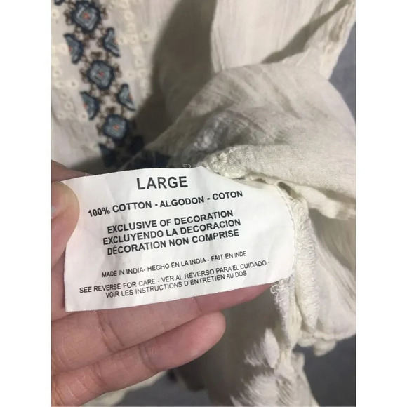 Womens Vintage America Jeans Blouse Boho Wide Neckline Blue Embroidery Details - Picture 5 of 5